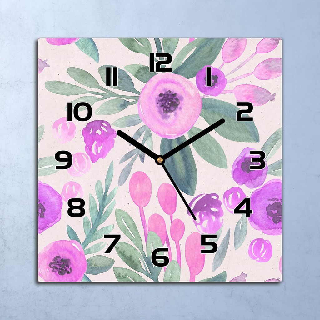 Wanduhr Echt-Glas-Küchenuhr Aquarell Rosa Blumen Quarz 30x30 Deko Bilder