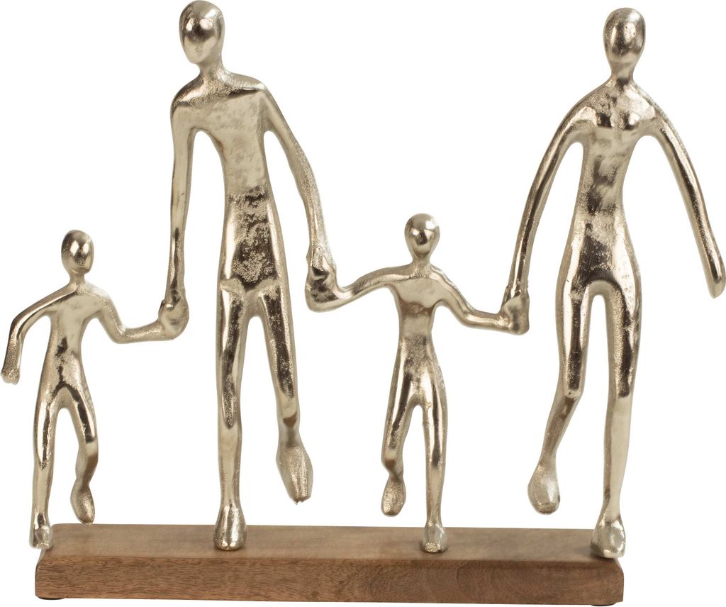 Moderne Skulptur Dekofigur Familie aus Metall auf Holzsockel stehend silber Breite 38cm Höhe 31 cm
