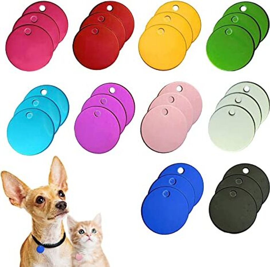 30 pcs runde leere PET -ID -Tags, gemischte Farbhund -Tags Doppelte Nebenname Telefonnummer Schlüssel Ringe Hunde Welpe, 0,98 * 0,98 "