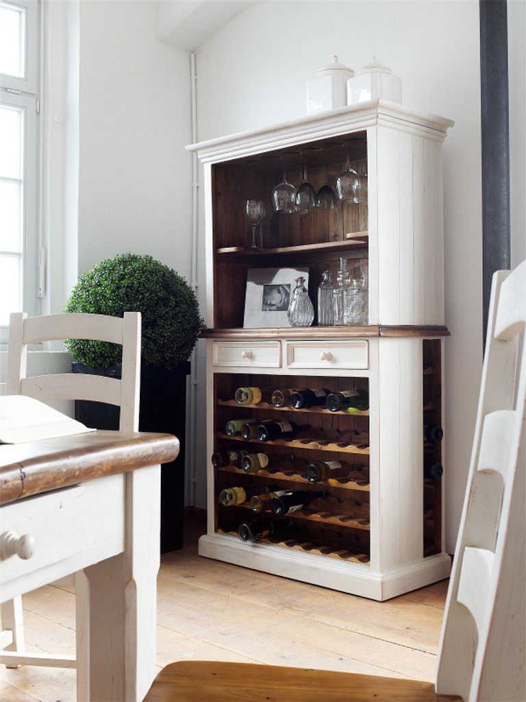 Buffet Bodde mit Weinregal in Kiefer Massivholz Weiß / Produktbild 