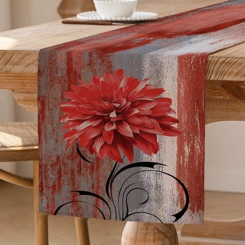 Chemin de Table Floral Ocre en Tissu Décoratif Style Campagne Chic