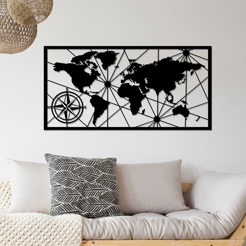 Wallity, World Map Large 2, Wanddeko, Schwarz, Metall, 120 x 60 cm
