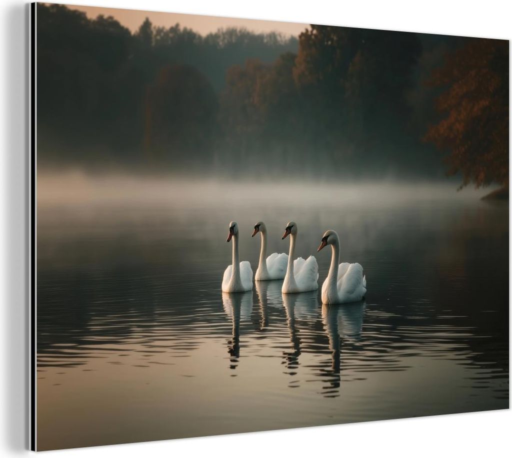 MuchoWow Wanddekoration Metall Metallbild Wandkunst 60x40 cm Schwäne - Weiß - Wasser - Nebel MuchoWow Aluminium Gemälde - Gemälder