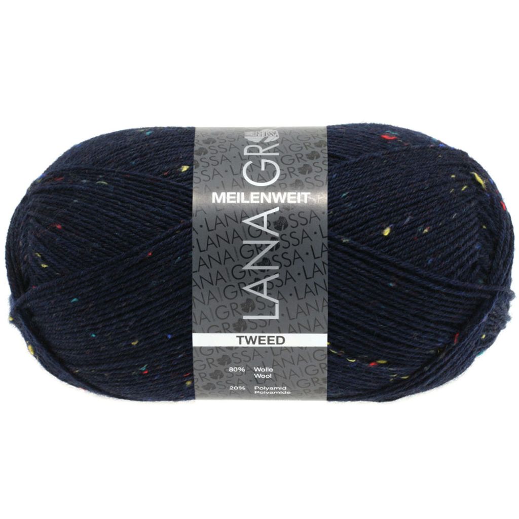 A ball of dark blue tweed yarn with colorful flecks, featuring a product label.