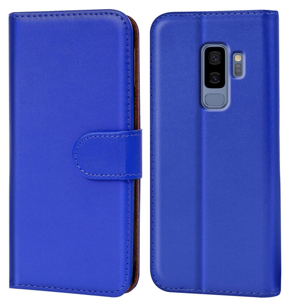 A blue flip case for a Samsung Galaxy S9 Plus phone, shown from the front and back.