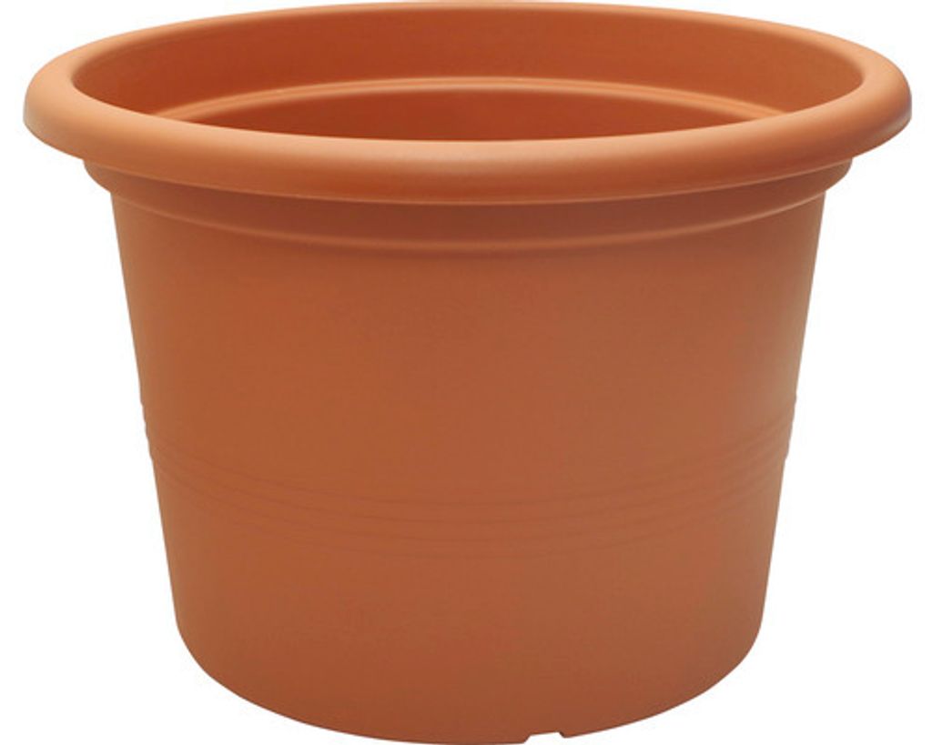 A terracotta-colored plastic plant pot is shown against a white background.