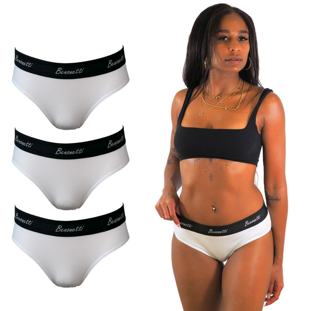 Benonetti Damen Slip, elegante Unterwäsche mit weichem Bund, atmungsaktiv & formstabil, hochwertiger Komfort für jeden Tag (3er Set, Weiß, XL)