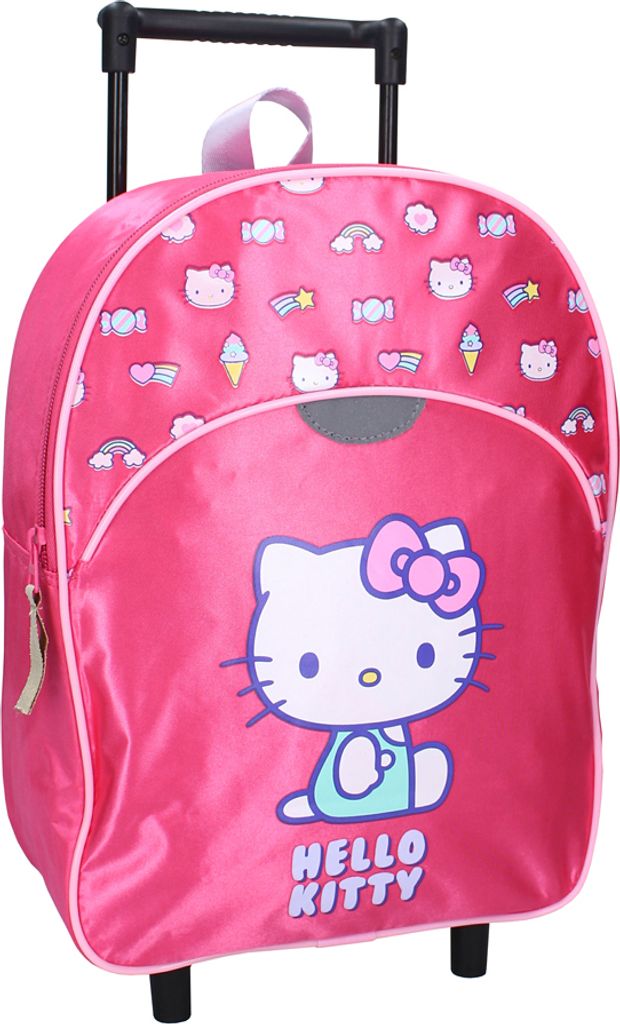 A pink Hello Kitty trolley backpack with a pattern of candies, rainbows, and shooting stars.
