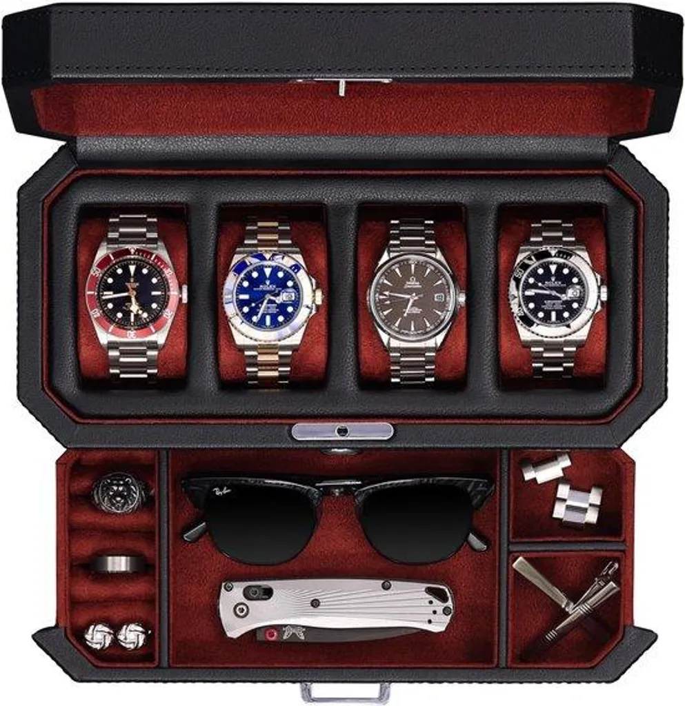 Coffret à montres en cuir rouge avec 4 compartiments et couvercle en verre