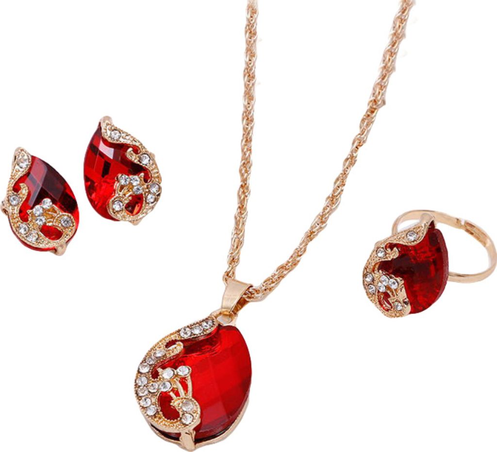 Frauen Strass Pfau Wasser Tropfen Anhänger Halskette Ohrringe Ring Schmuck-Set-Rot