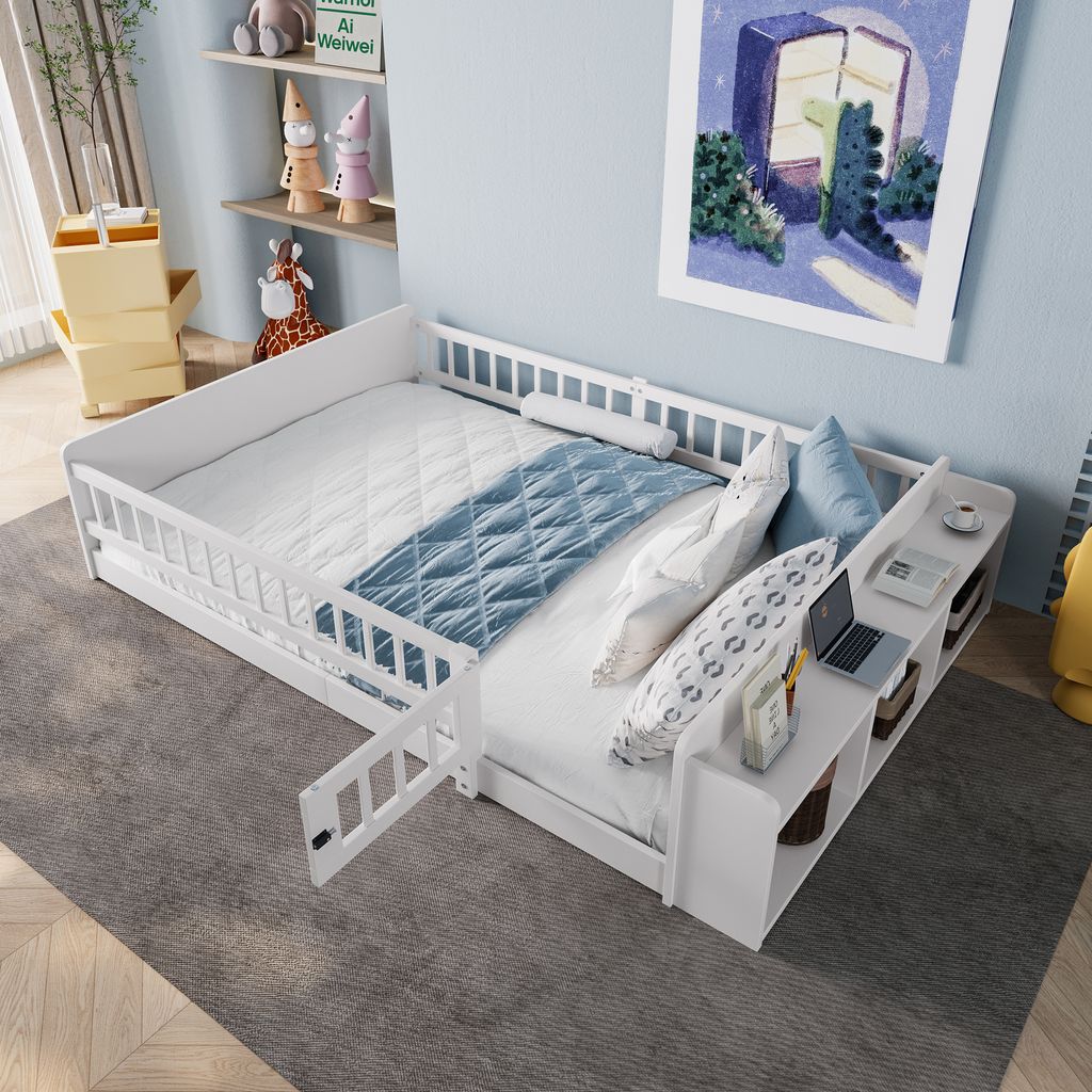 Flieks Kinderbett Bodenbett 140x190cm mit Tür, Holzbett Kinderbett mit Regal, Doppelbett Kinderbett mit Rausfallschutz, Weiß
