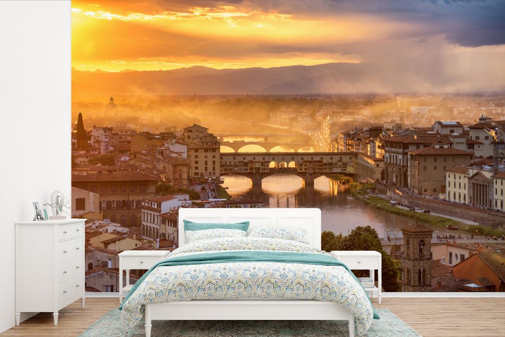 MuchoWow Fototapete für Wohnzimmer oder Schlafzimmer Wandtapete Vinyl Motivtapete Italien - Nebel - Sonnenaufgang - Florenz - 450x300 cm - Gemus...