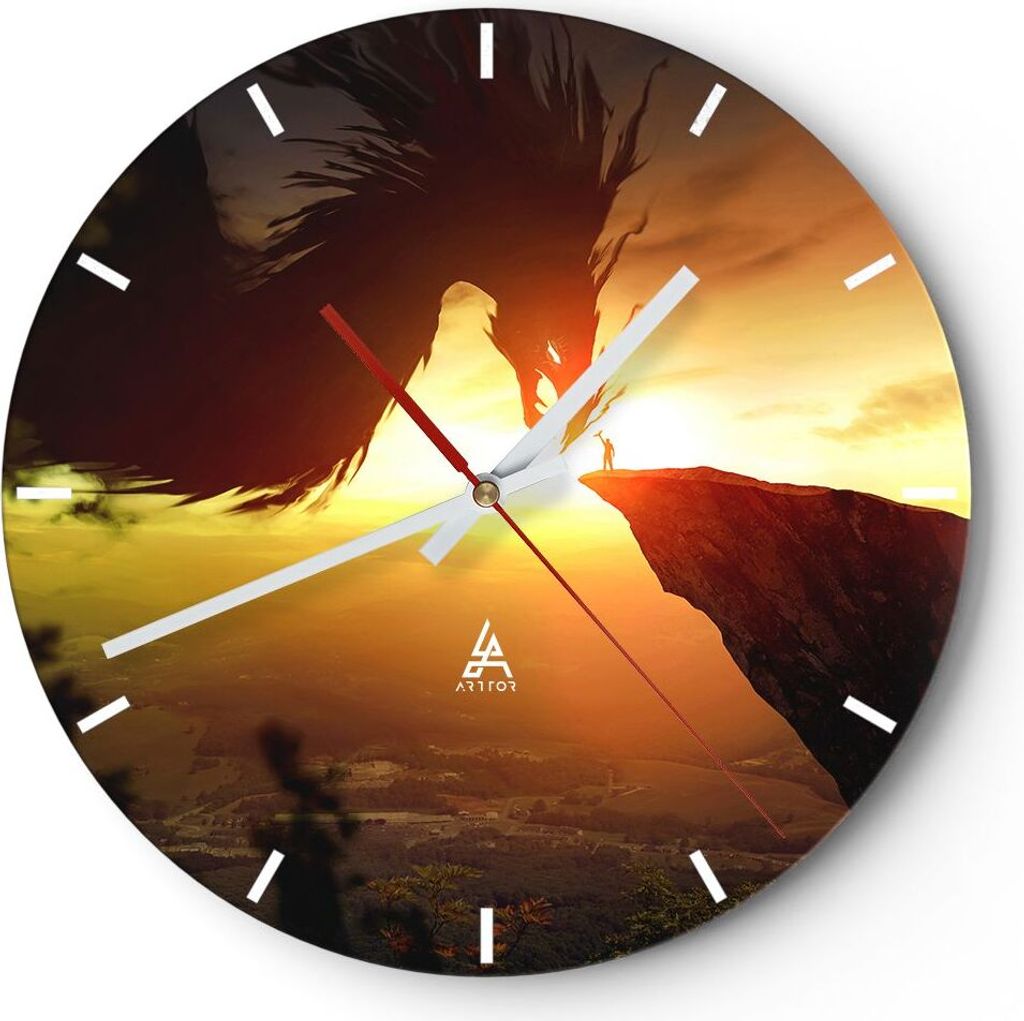 Wanduhr - Rund - Glasuhr - Drache Rock Kreatur - 40x40cm - Schleichendes Uhrwerk - Lautlos - zum Aufhängen bereit - Dekoration Modern - Wanddekora...