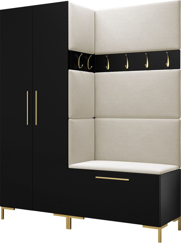 MIRJAN24 Garderoben-Set Zilion I, Garderobe mit 4 Stück Gepolstertes Wandpaneel Pag 84x42 und 3 Stück 42x42 (Schwarz + Gold, Manila 02)