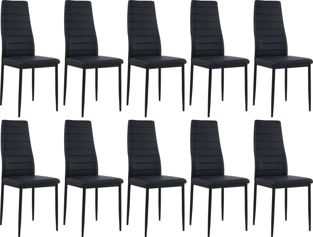 A set of ten black dining chairs arranged in two rows against a white background.
