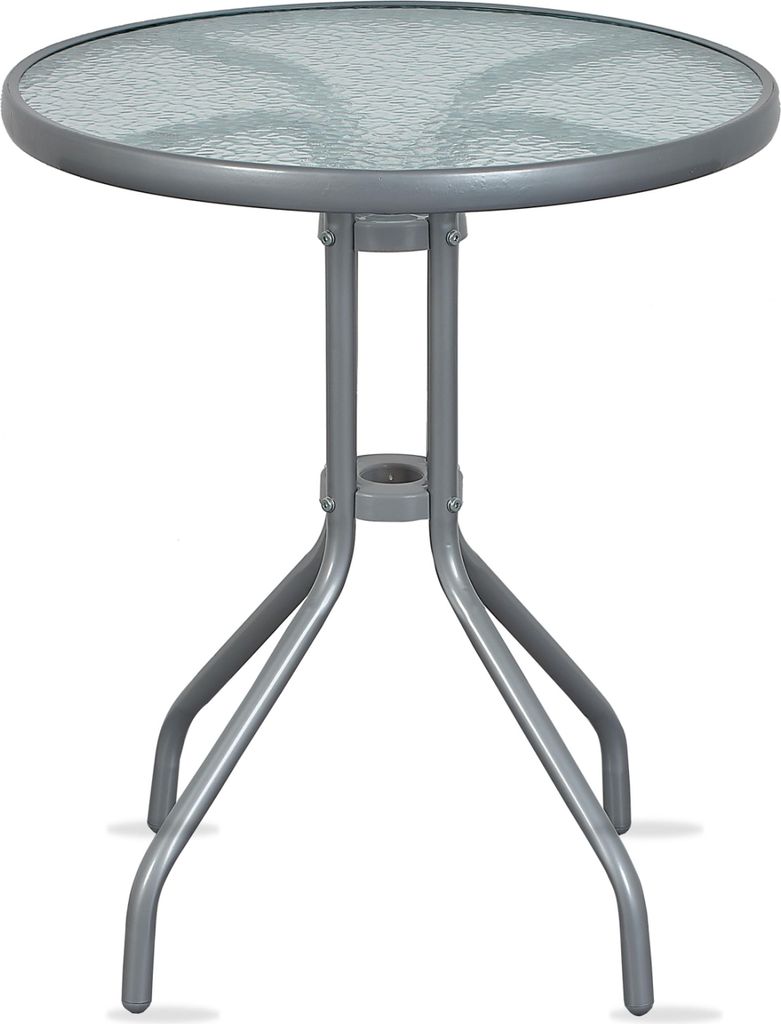 A round glass-top table with a metal base.