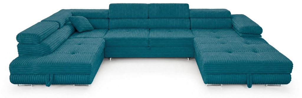 Wohnlandschaft Cordo U-Form XXL 345 cm Schlaffunktion 2 Bettkästen Breitcord Türkis Links