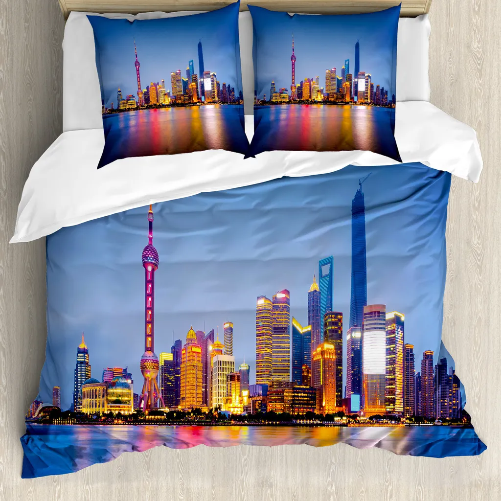 ABAKUHAUS Copripiumino urbano, skyline di Shanghai, antiacaro, adatto a chi soffre di allergie, con federe, 155 cm x 220 cm - 80 x 80 cm, blu, rosa, giallo