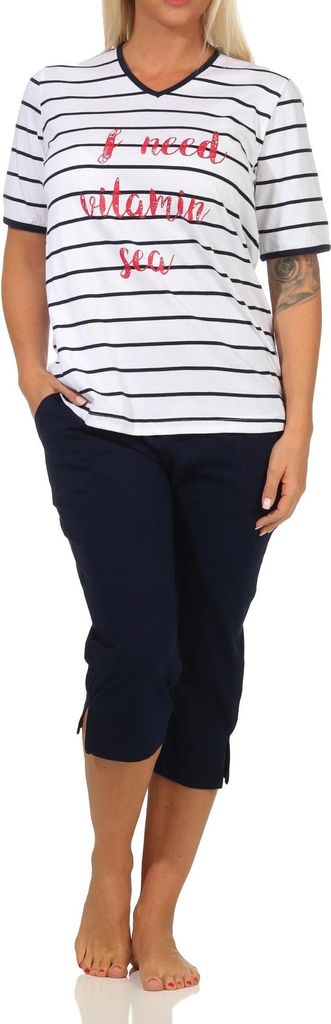 Damen Capri kurzarm Pyjama in maritimer Streifenoptik – auch in Übergrössen erhältlich ; weiss , 36
