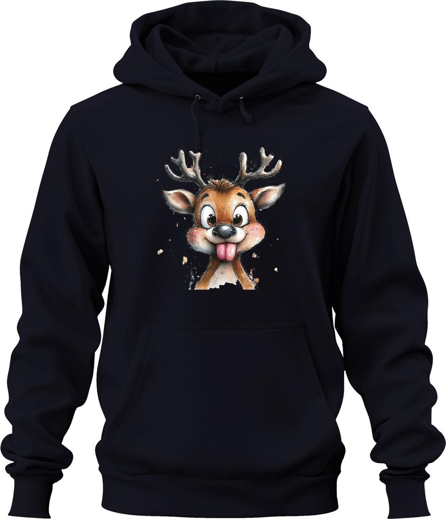 Süßes Rentier mit rausgestreckter Zunge Weihnachten Lustig Kids Uni Hoodie Kapuzenpullover, Navy, S