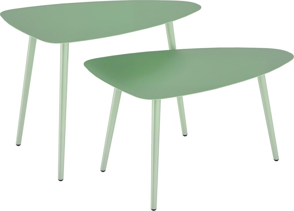 Outsunny 2er-Set Garten-Couchtische, dreieckige Beistelltische zum Zusammenschieben, Stahlgestell, mit verstellbaren Füßen für Balkon, Terrasse ...