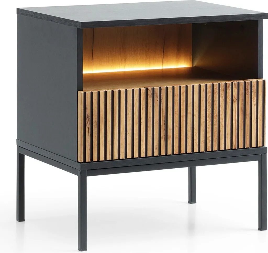 Table de nuit Haller avec tiroirs Chêne Wotan et Noir pour lit boxspring