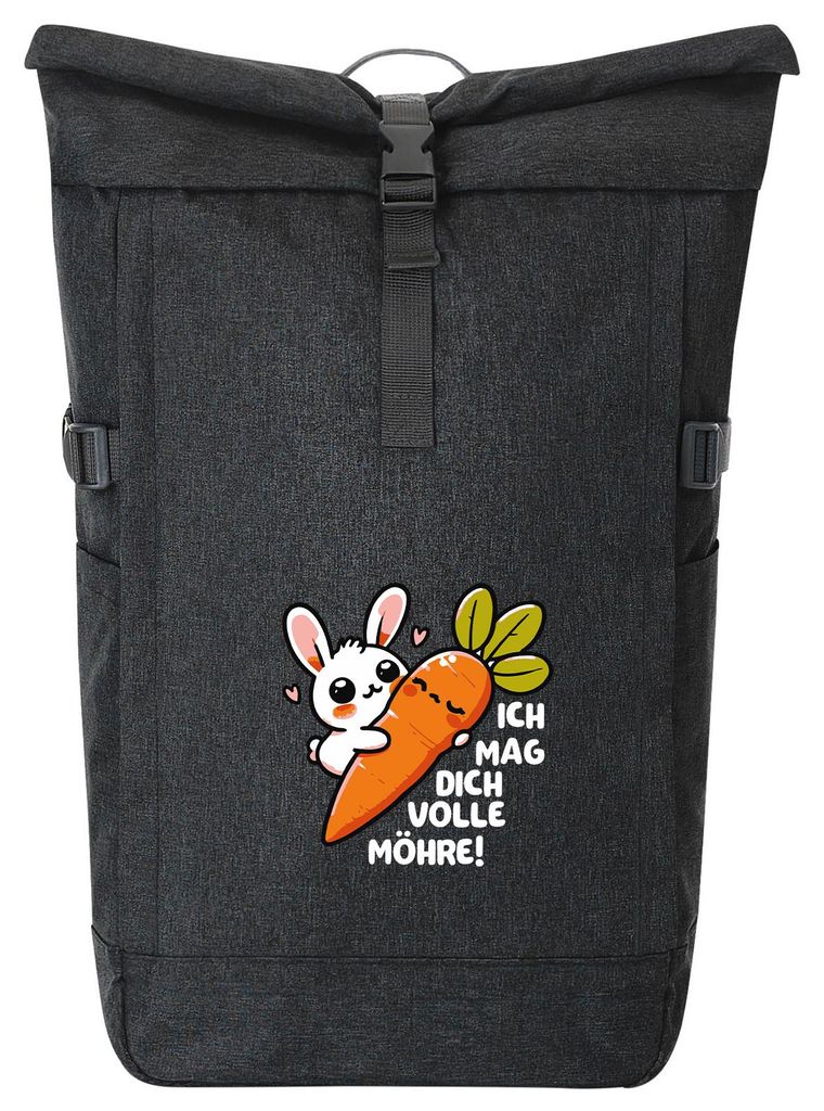 Huuraa Kurierrucksack Mag dich volle Möhre Hase 30-44 Liter Black Melange Fairtrade Rolltop Rucksack Geschenkidee