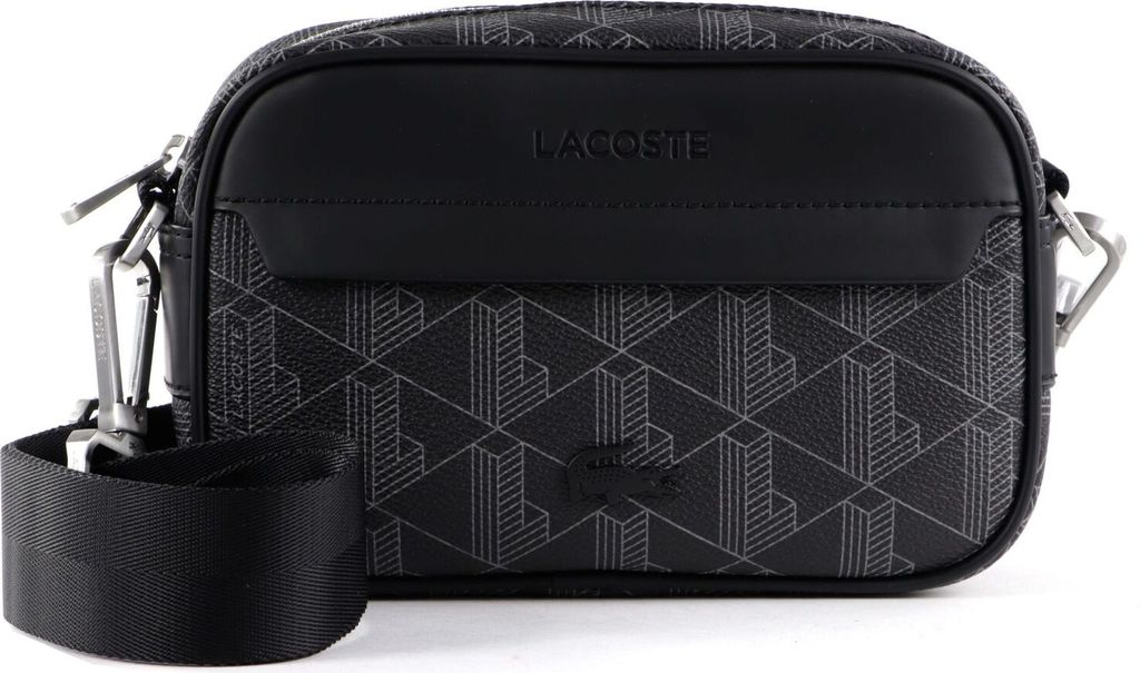 A black Lacoste crossbody bag with a geometric pattern.