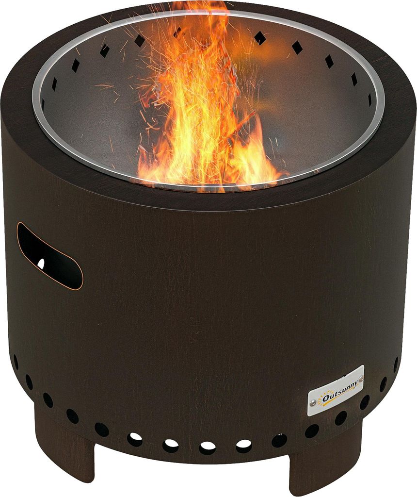 Outsunny Feuerschale, rauchfreier Tischfeuer, Ø45 cm Feuerstelle mit Griff, Schürhaken, Feuerkorb für Garten, Camping, Terrasse, Metall, Schwarz