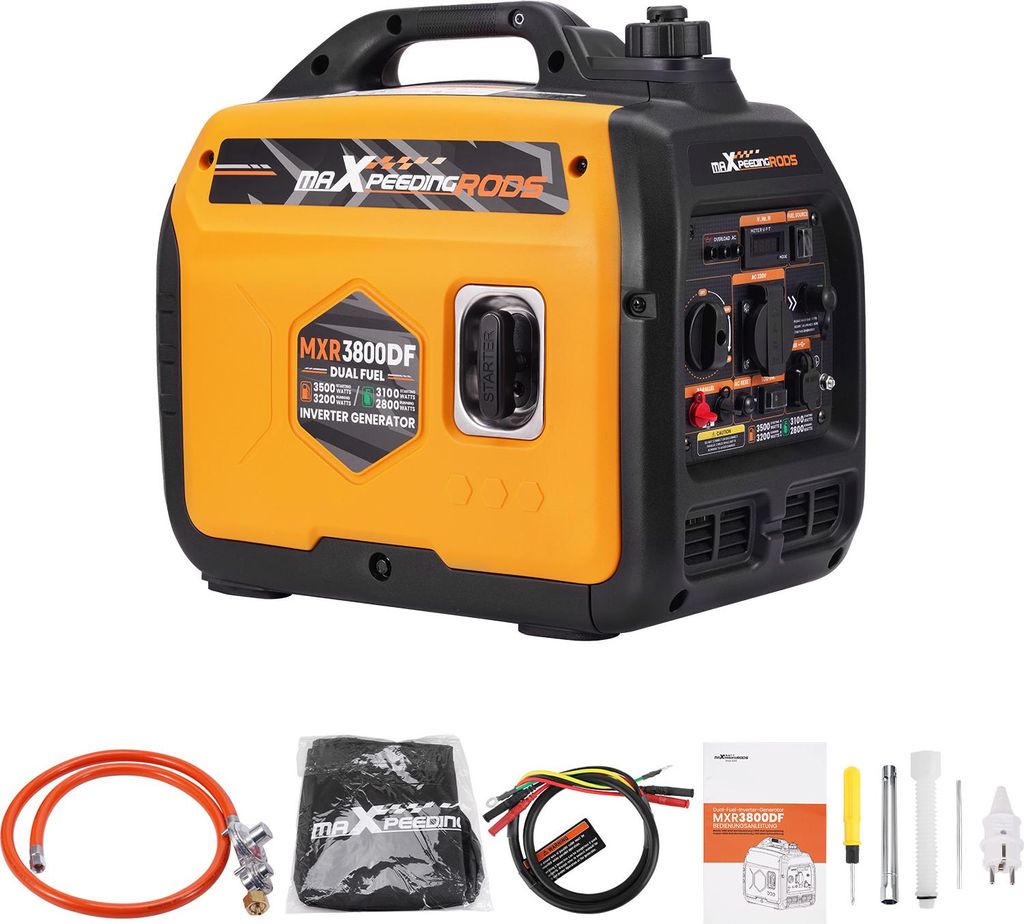 A generator and its accessories are displayed against a white background.