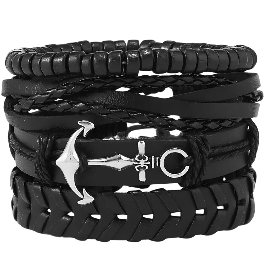 Camerazar Set di bracciali da uomo in pelle nera PUNK - 4 pezzi con ancora