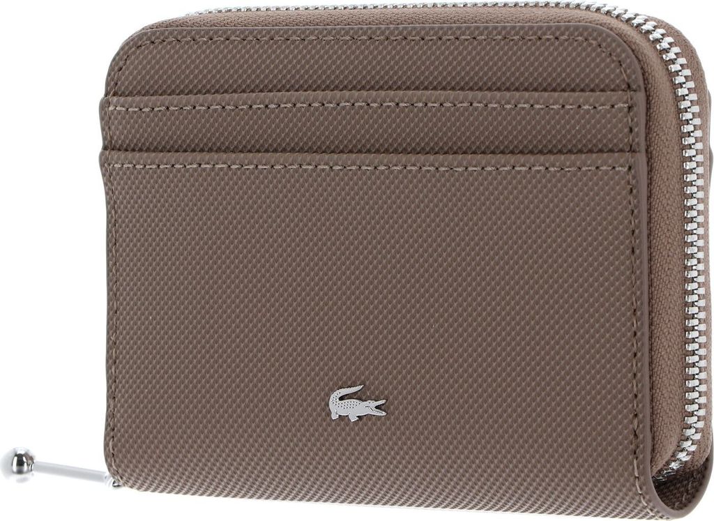 A close-up, front-facing view of a taupe Lacoste coin wallet.