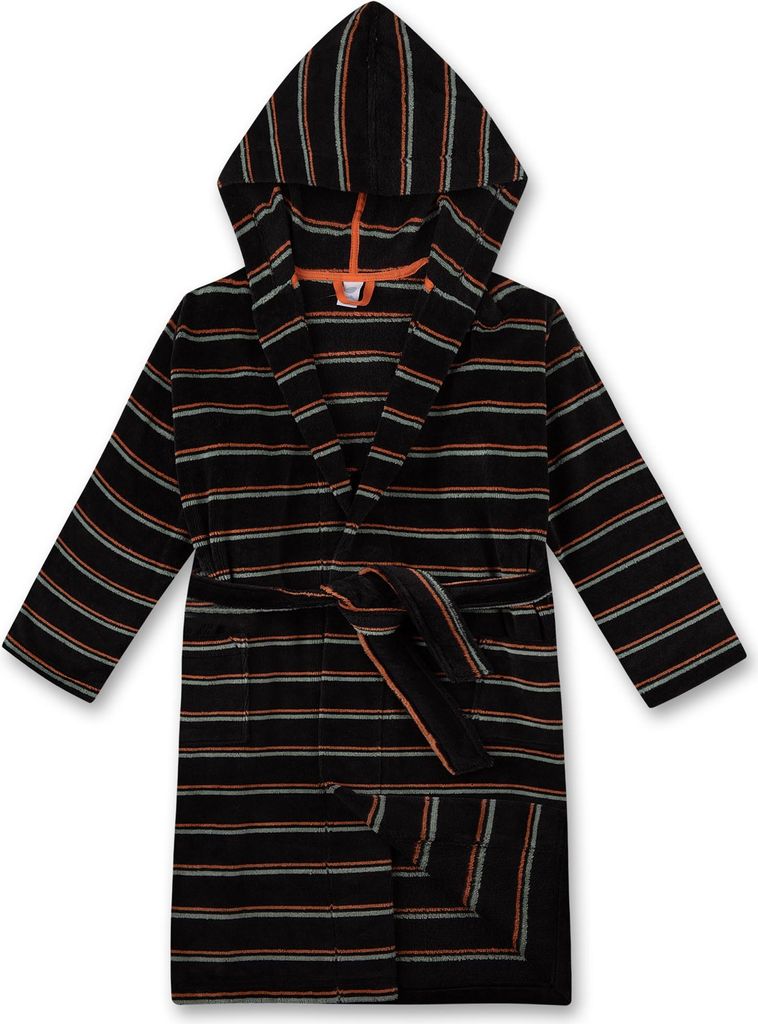Sanetta Jungen Bademantel - Bademode, Baumwolle, Kapuze, Tasche, Streifen Schwarz/Grau/Orange 164