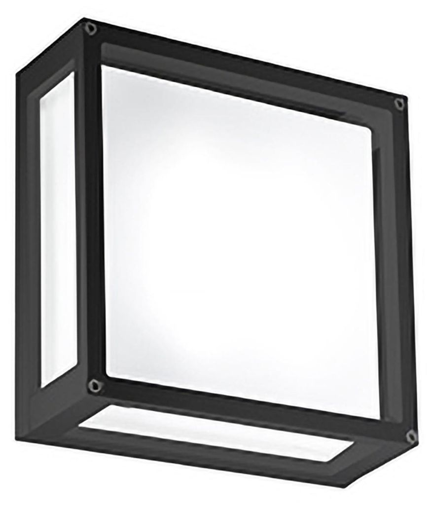 Wand- oder Deckenleuchte für Innen und Außen, 25x25 cm, dunkelgraues Aluminium, satinierter Glasdiffusor, Schutzart IP54, E27-Fassung geeignet.