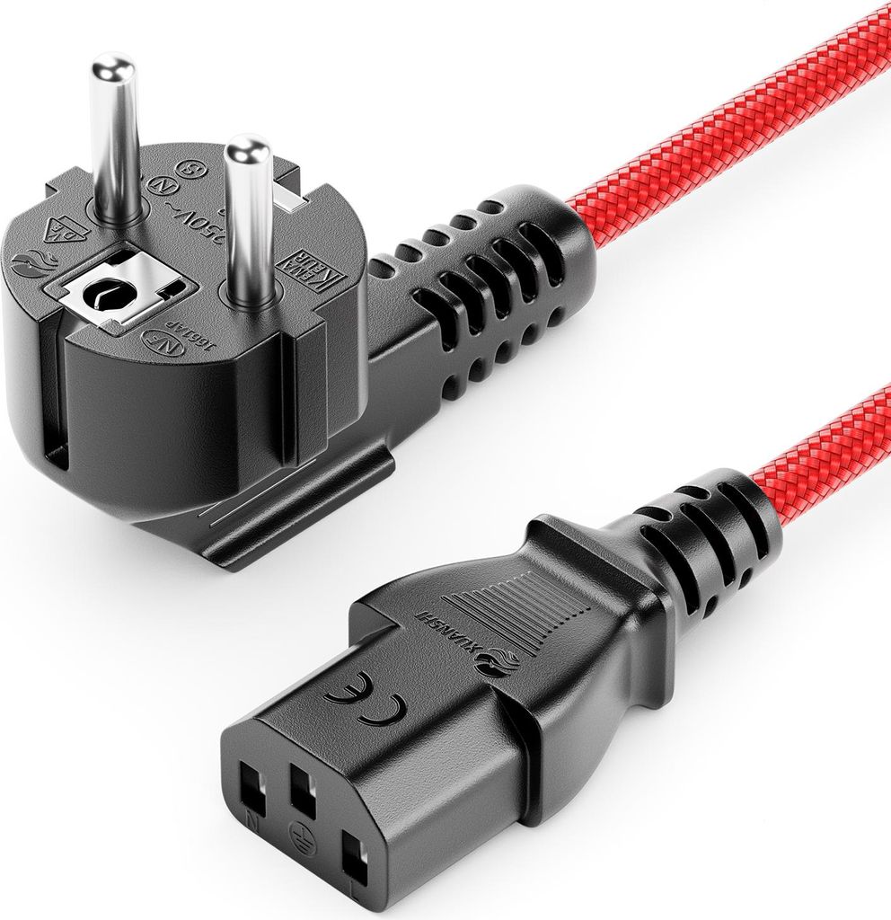 deleyCON 5m Kaltgerätekabel - Nylon Kabel - Netzkabel Stromkabel Kaltgeräte Strom Kabel Schutzkontakt 90grad Winkel Stecker (Typ F auf C13) PC Co...