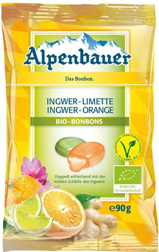 CUKIERKI Z NADZIENIEM O SMAKU IMBIROWO - LIMONKOWYM I IMBIROWO - POMARAŃCZOWYM BIO 90 g - ALPENBAUER