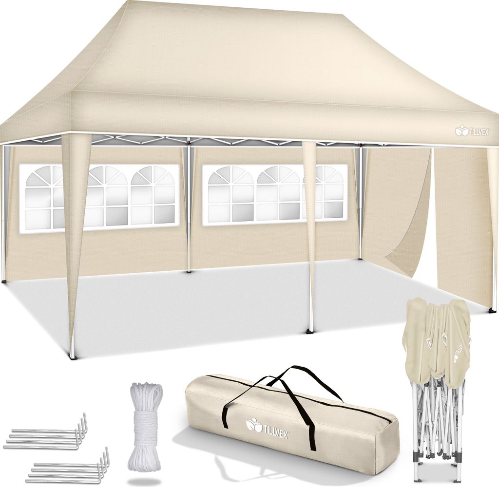 A beige pop-up canopy tent with three side walls, each featuring arched windows. Accessories like ropes, stakes, and a carrying bag are displayed in the foreground.