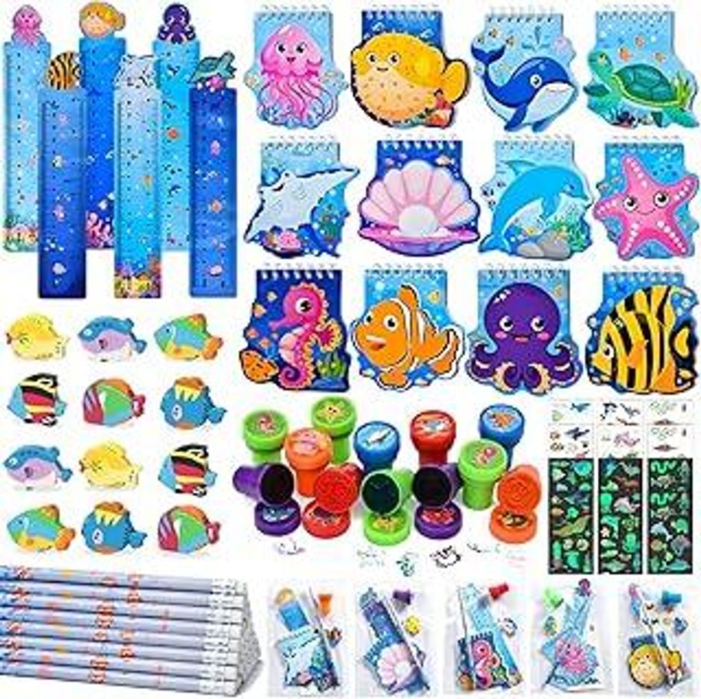 84STK Unterwasserwelt Mitgebsel Kindergeburtstag Gastgeschenke Notizbuch Lineal Bleistift Eraser Cellophantüten Schulanfang Einschulung Schrein Se...
