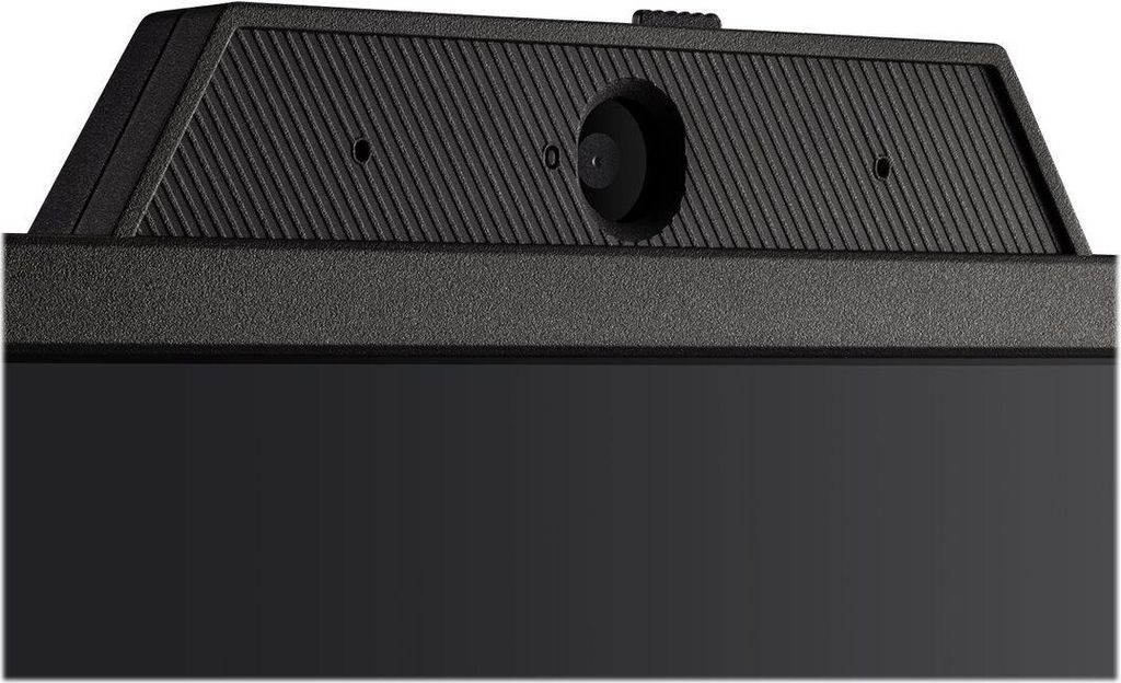 Close-up of the top of a black monitor, showing the camera and microphone area.