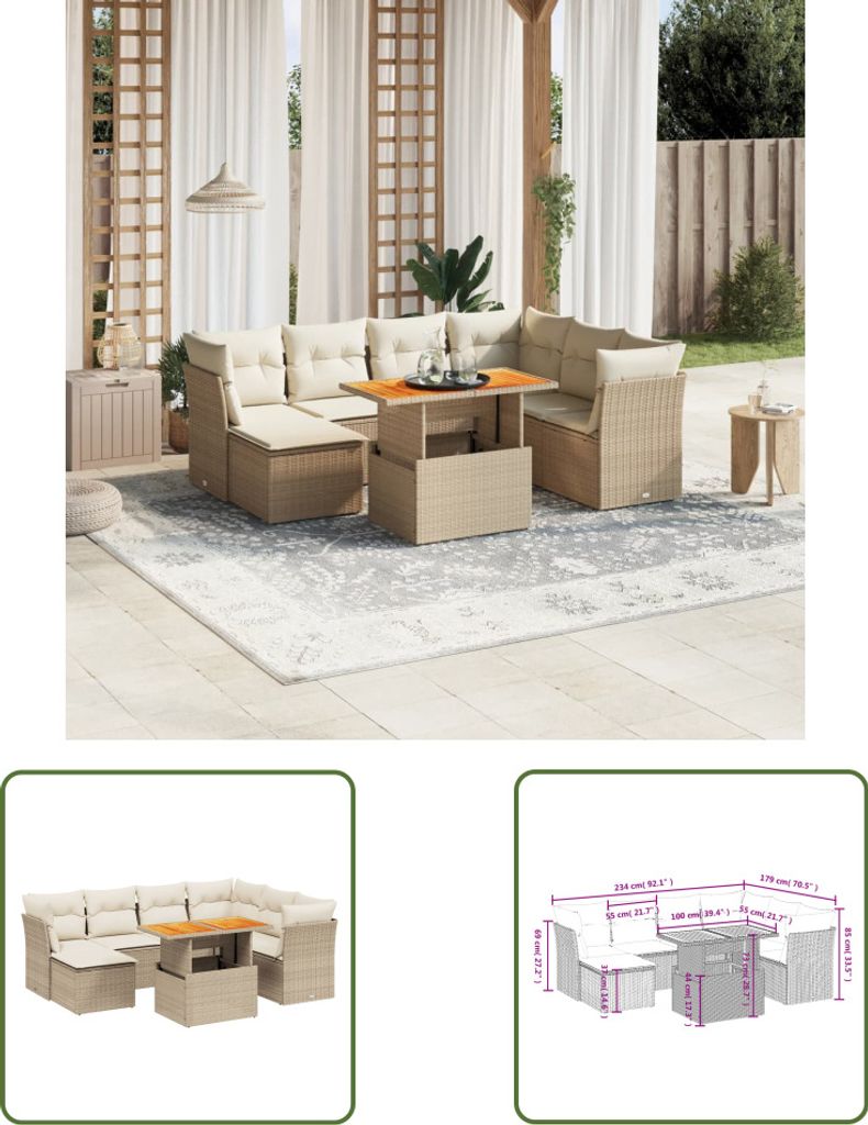 The Living Store 8-tlg. Garten-Sofagarnitur mit Kissen Beige Poly Rattan