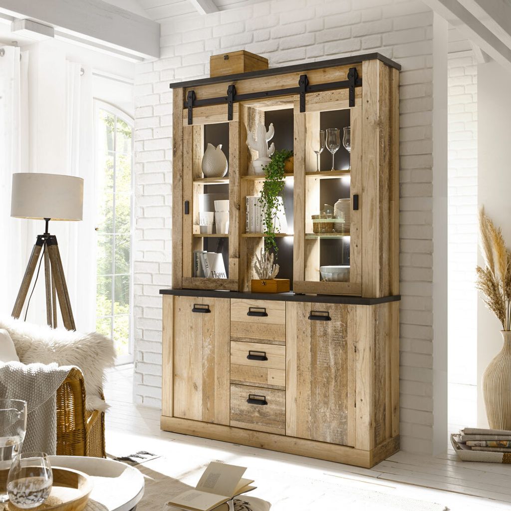 Buffetschrank inkl. Beleuchtung SHELTON-61 in Old Style hell Nb. mit anthrazit, B/H/T: ca. 133/201/38 cm