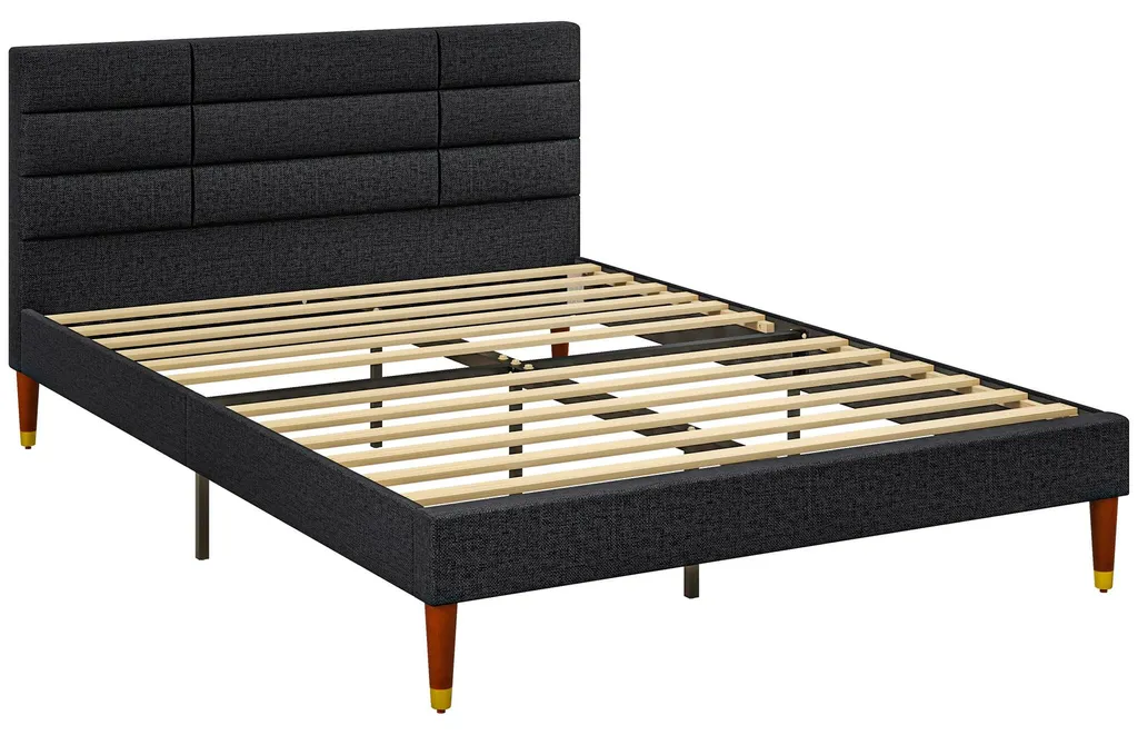 Lit capitonné 140x200 cm noir avec sommier à lattes pour chambre adulte