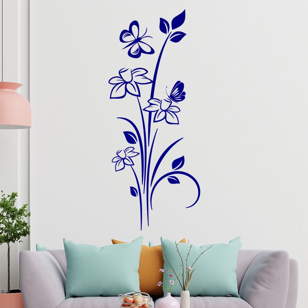 zwei Schmetterling mit Blume Wandtattoo in 6 Größen - Wandaufkleber Wall Sticker - Dekoration, Küche, Wohnzimmer, Schlafzimmer, Badezimmer