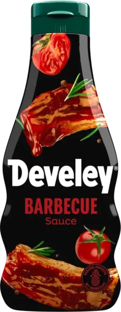 A bottle of barbecue sauce with images of tomatoes and meat.