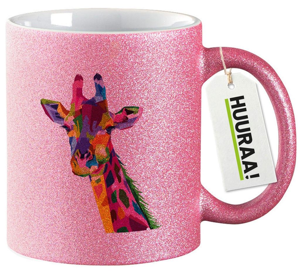 Huuraa Glitzertasse Giraffe Colorful 330ml Pink Keramik Kaffeebecher Geschenkidee