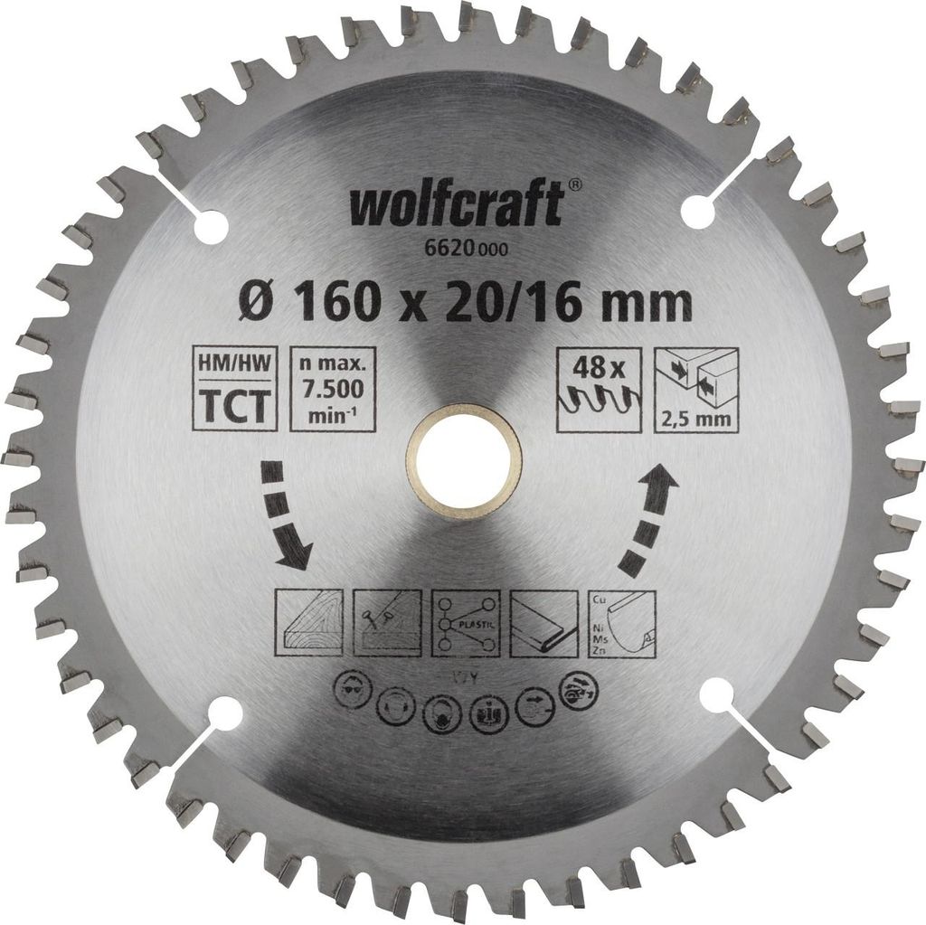 Wolfcraft Kreissägeblatt 160 x 20 mm 48 Zähne Chrom Vanadium