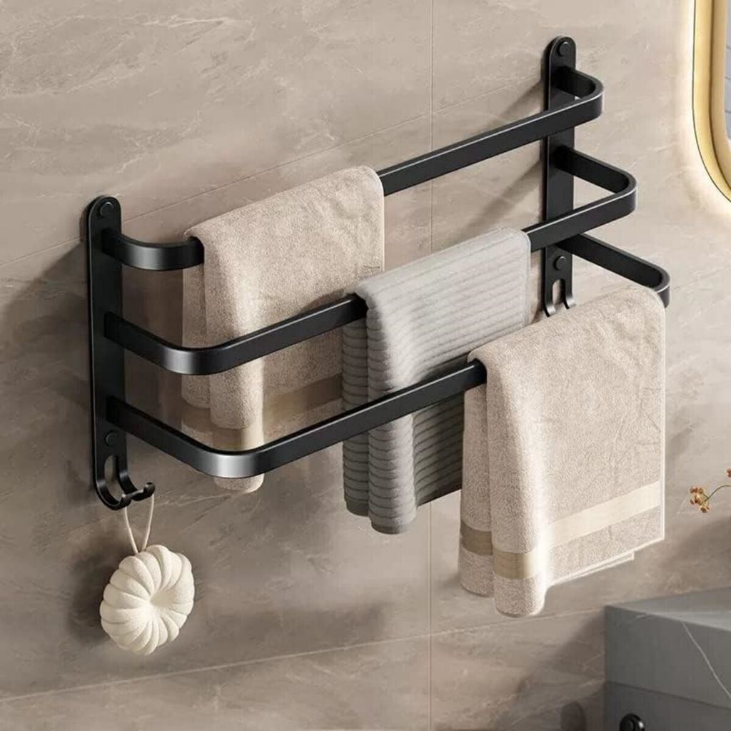 Handtuchhalter, 60 cm Aluminium Handtuchhalter für Badezimmer, schwarz matter Handtuchhalter, 3 stufiger Handtuchhalter zur Wandmontage