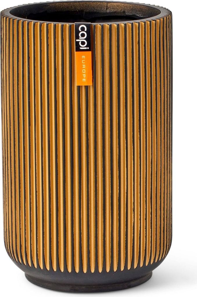 A tall, cylindrical planter with a ribbed gold exterior and a black base and interior.