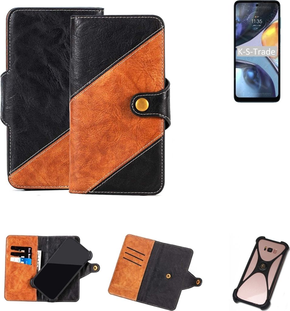 K-S-Trade Handyhülle Schutzhülle Bookstyle Case Wallet-Case kompatibel mit Motorola Moto G22 Handy Cover Bumper Klapphülle schwarz hellbraun 1x