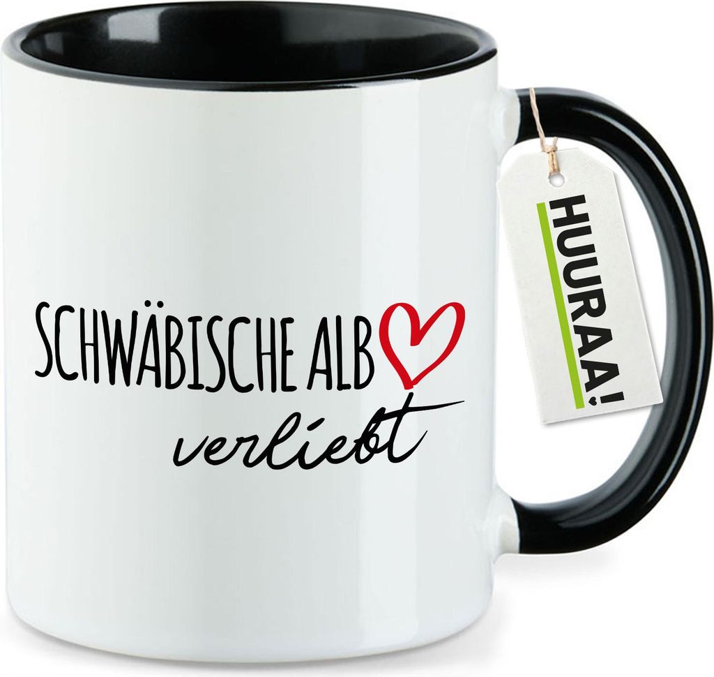 Huuraa Kaffeetasse Schwäbische Alb verliebt 330ml Schwarz Keramik Kaffeebecher Geschenkidee